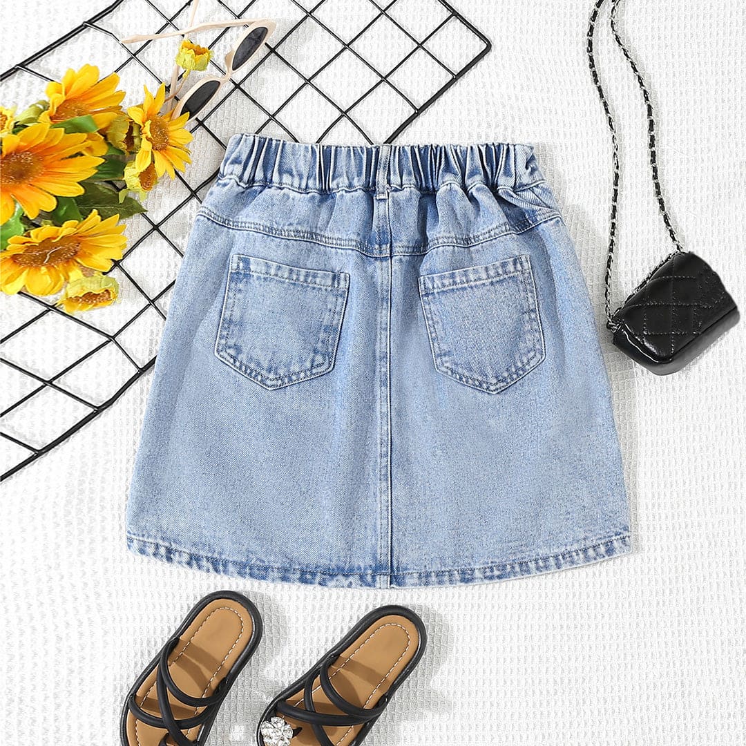 Girls Light Blue Solid Denim Skirt Skirts   