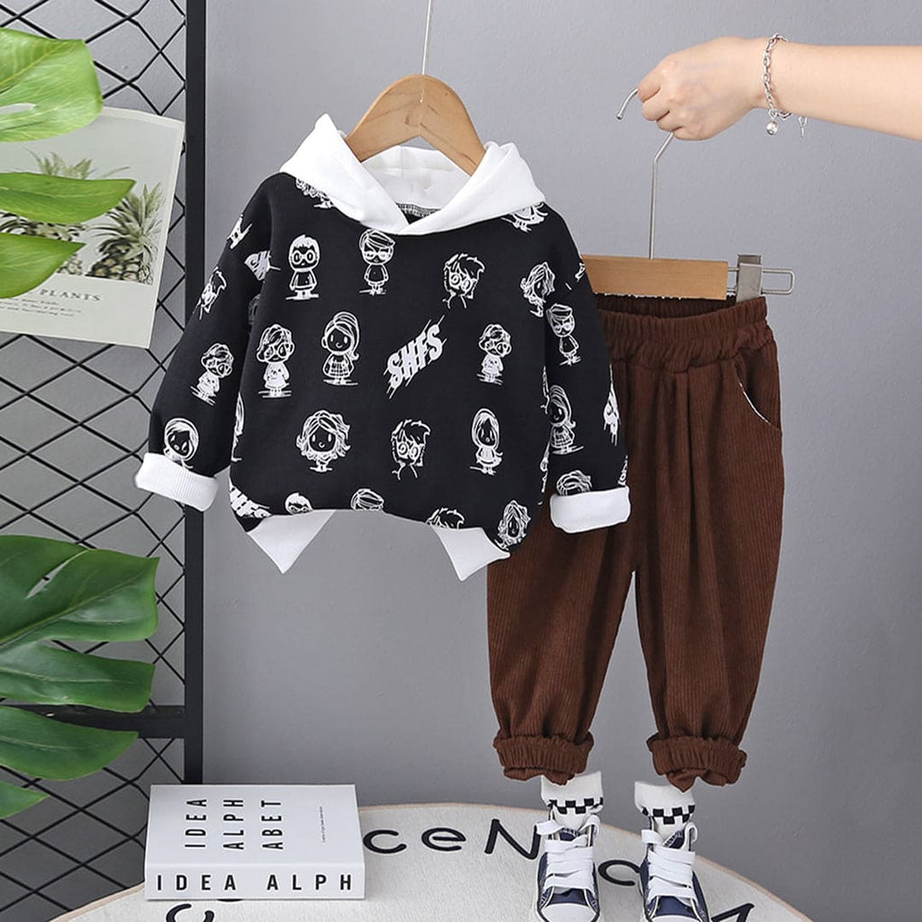 Boys Black All Over Printed Hooded Jacket with Trouser Set Sets Black 9-12 M 