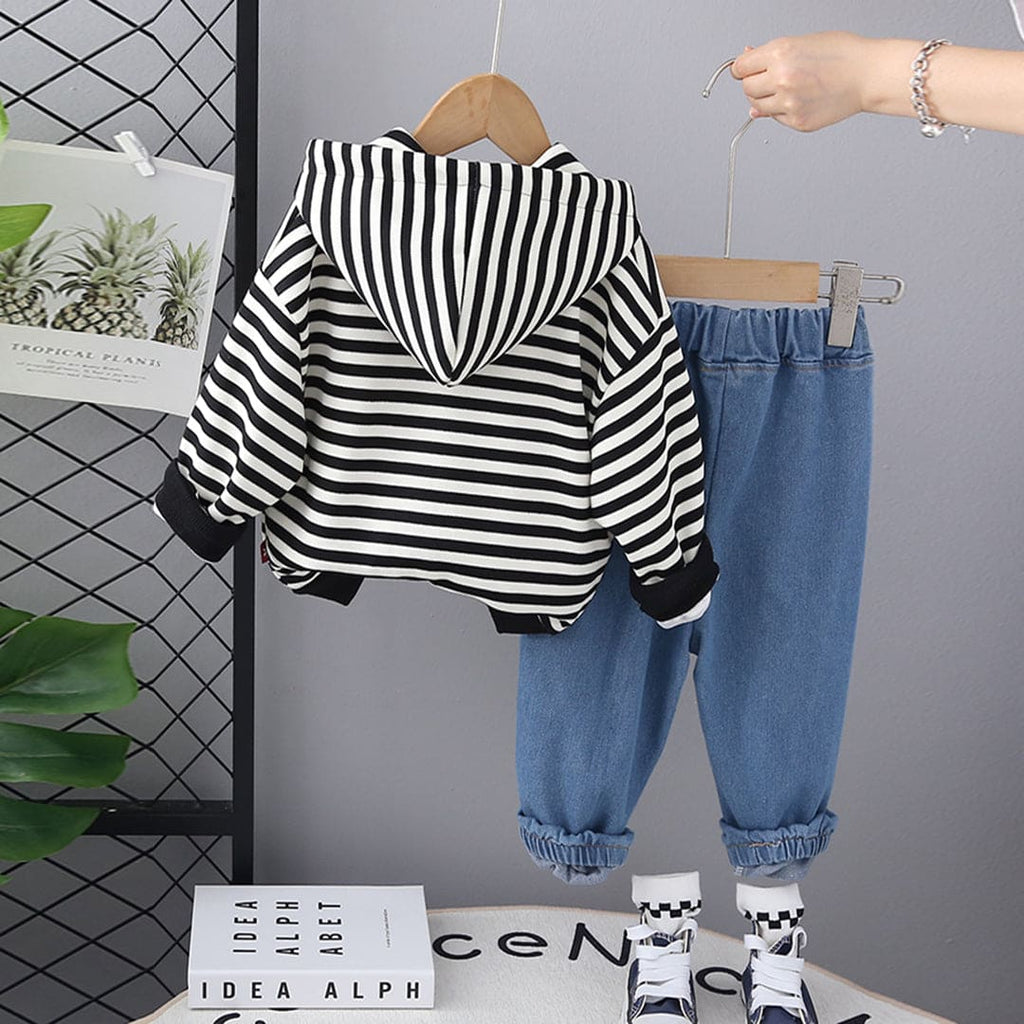 Boys Black Striped Hooded Jacket with Denim Set Sets   
