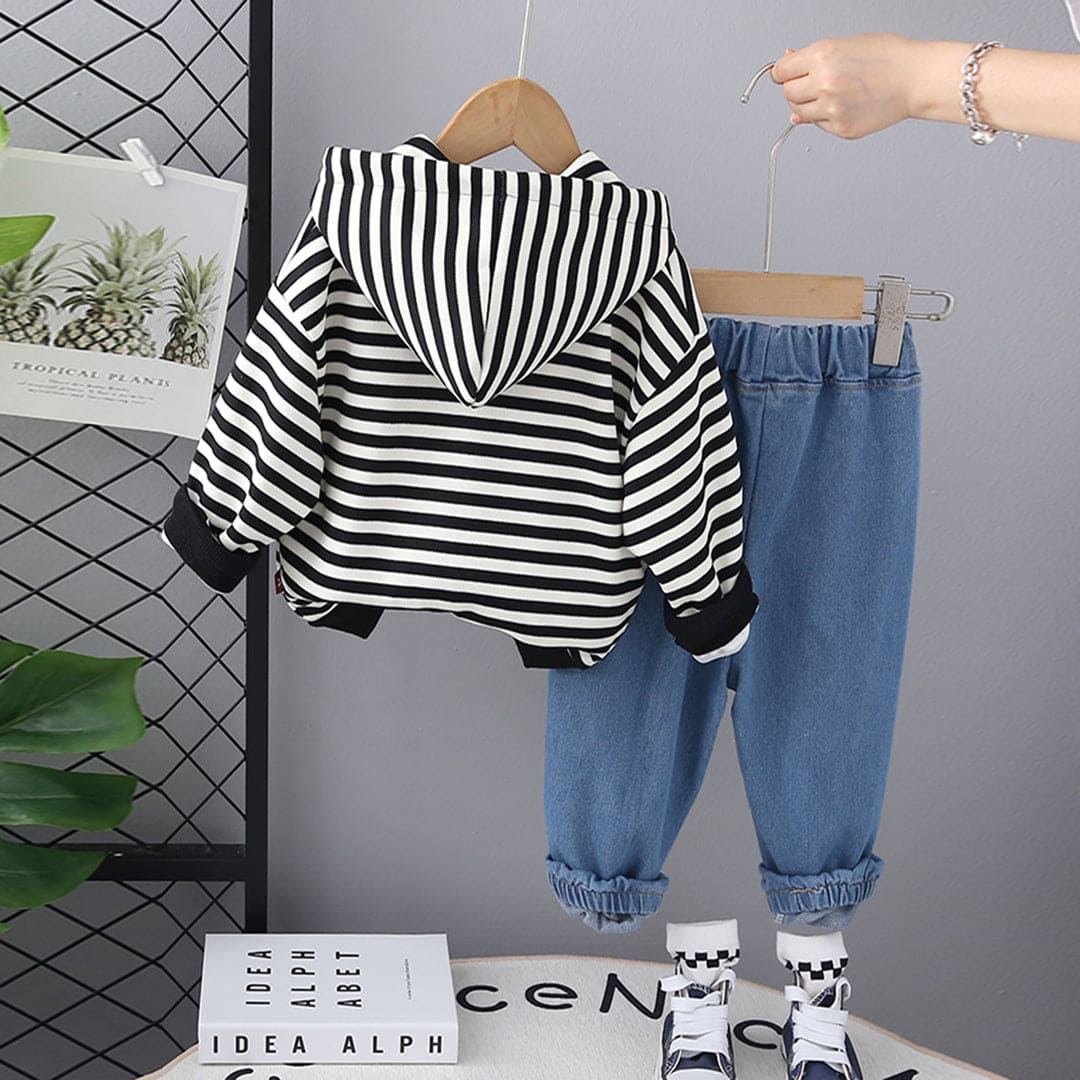 Boys Black Striped Hooded Jacket with Denim Set Sets   