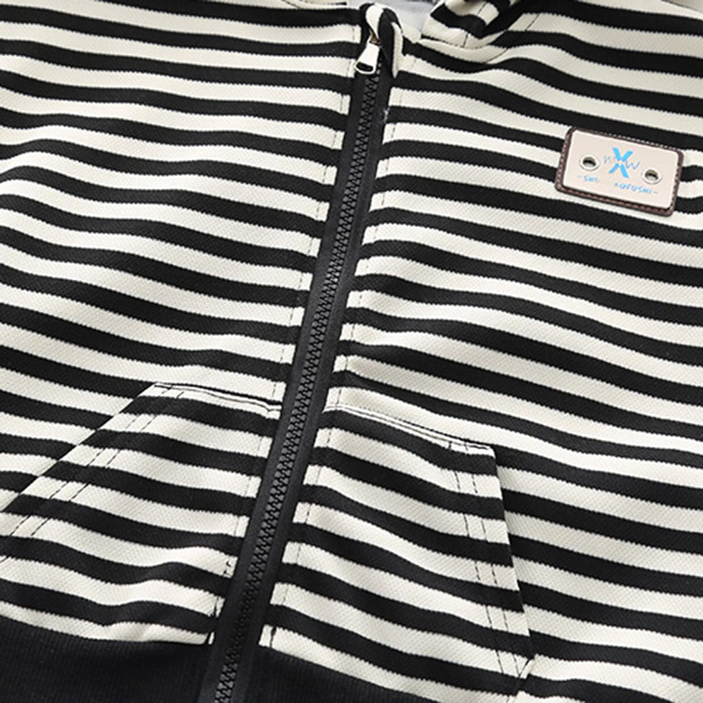 Boys Black Striped Hooded Jacket with Denim Set Sets   