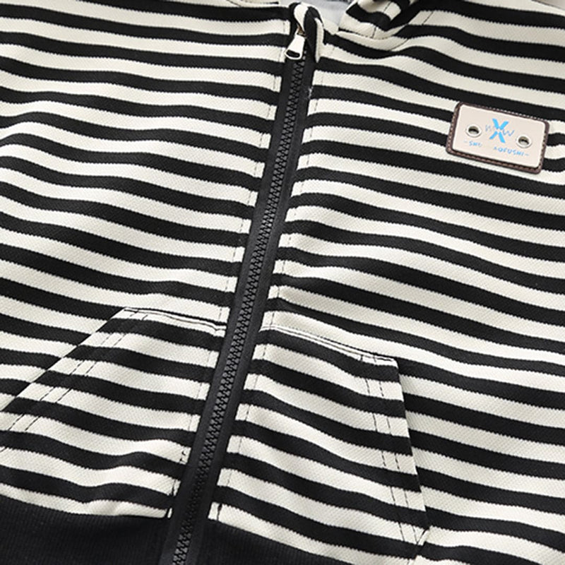 Boys Black Striped Hooded Jacket with Denim Set Sets   