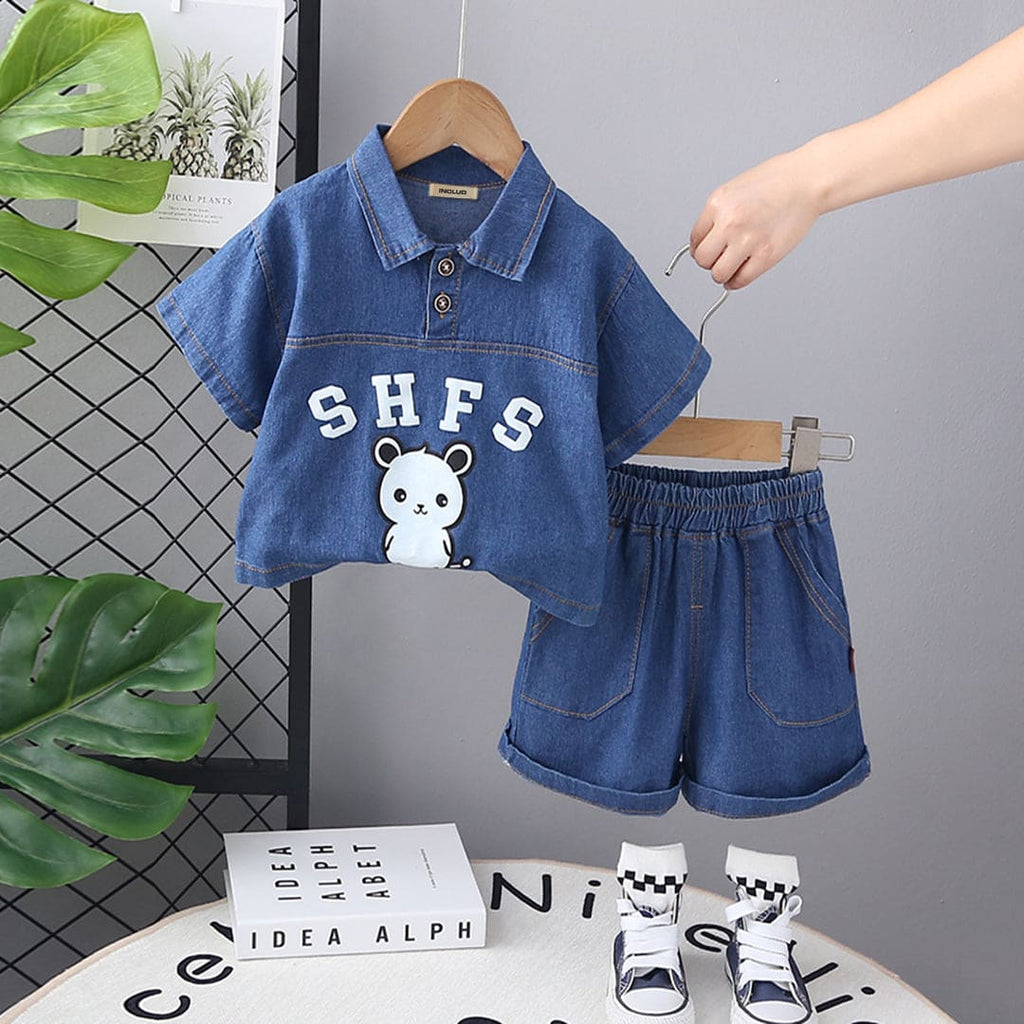 Boys Blue Graphic Print Shirt with Shorts Set Sets Dark Blue 9-12 M 