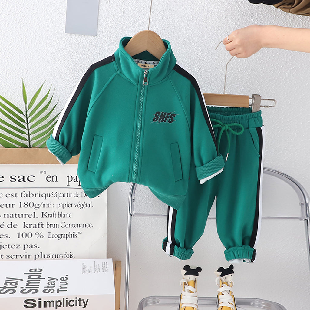 Boys Green Full Sleeves Jacket with Trouser Set