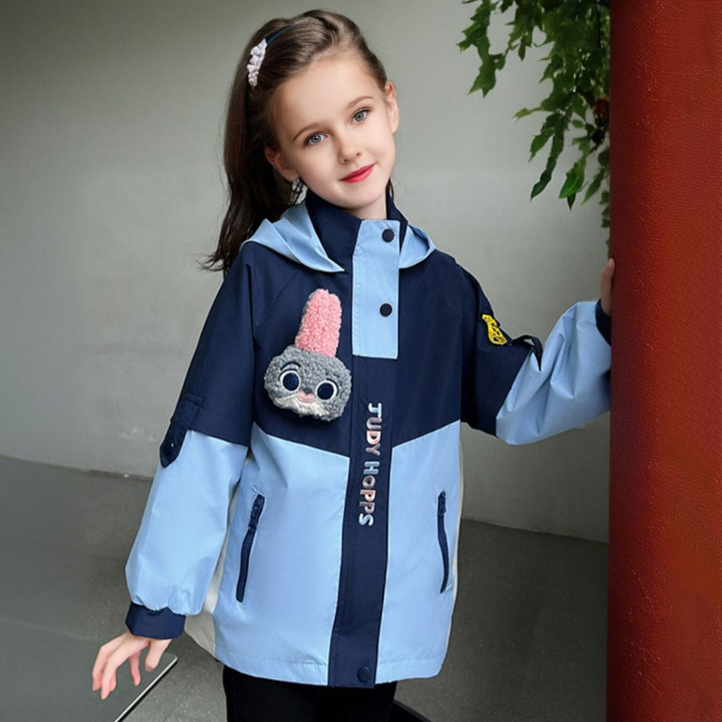 Girls Blue Colorblocked Hooded Cartoon Graphic Jacket Coats & Jackets Blue 3-4 Y