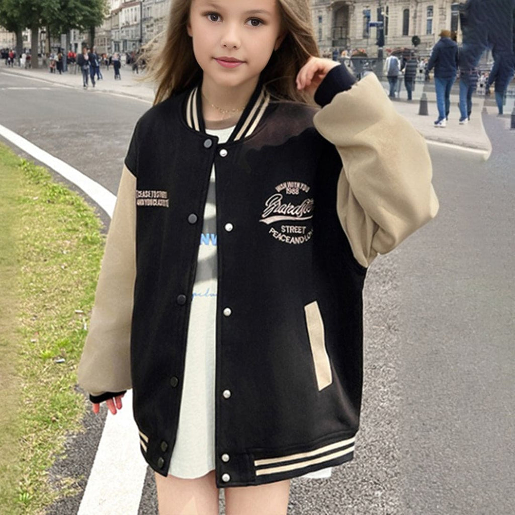 Girls Black Printed Winterwear Varsity Jacket Coats & Jackets Black 5-6 Y