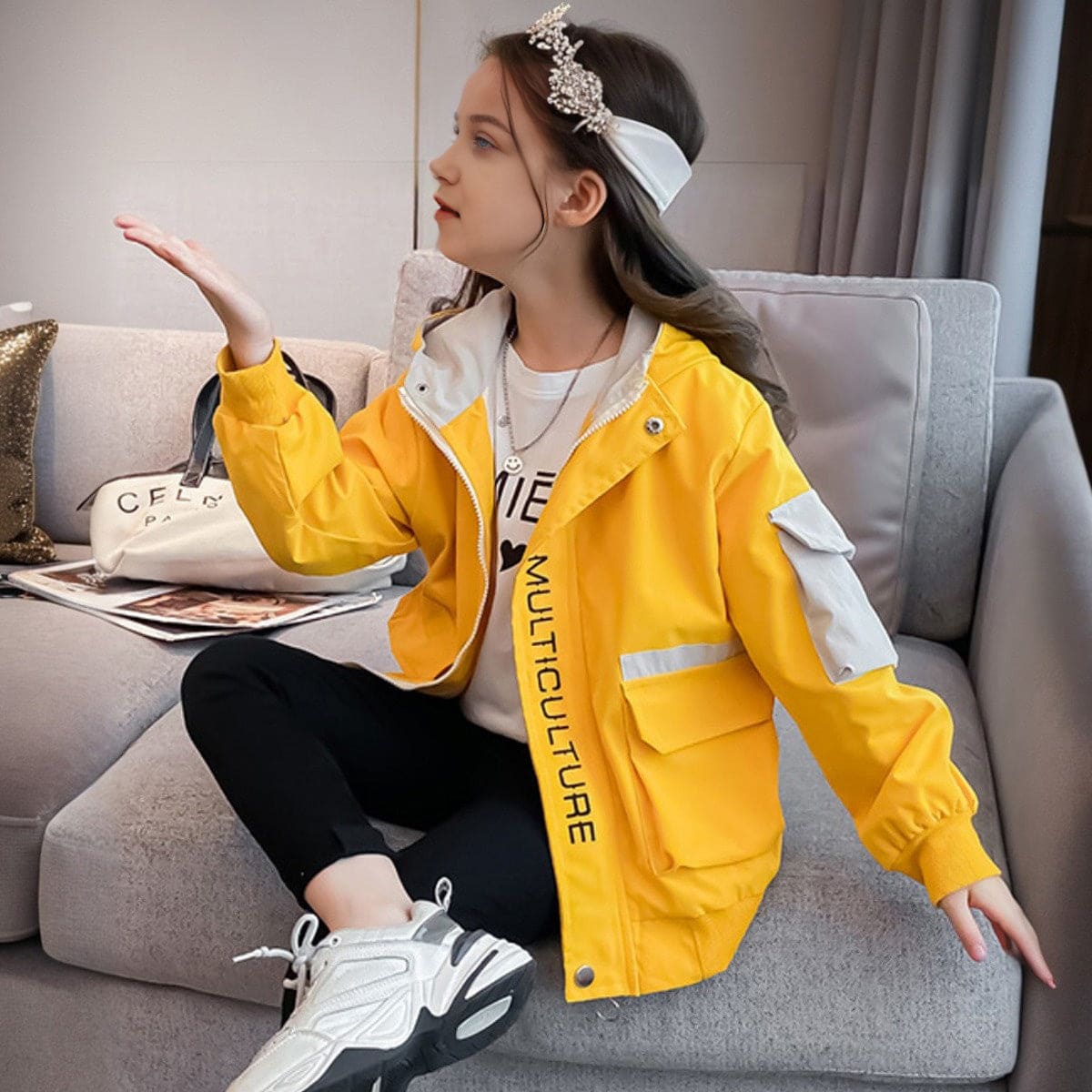 Girls Yellow Winterwear Hooded Puffer Jacket Coats & Jackets