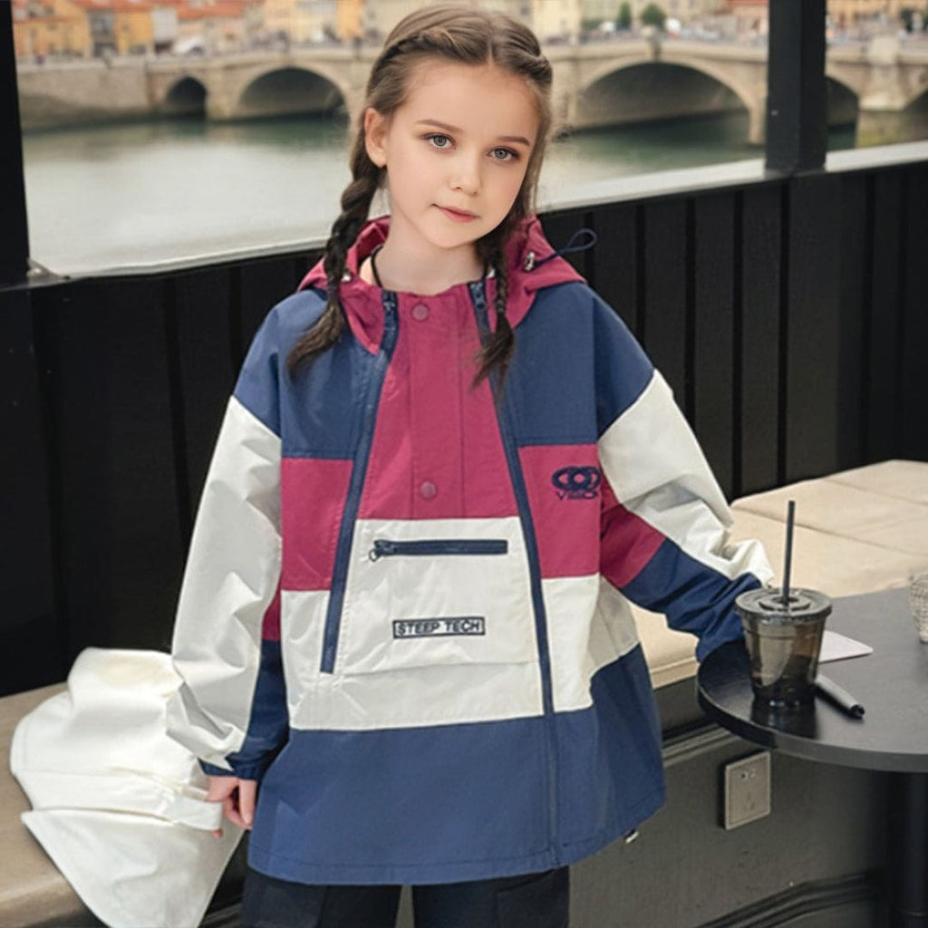 Girls Blue Colorblocked Hooded Bomber Jacket Coats & Jackets Blue 5-6 Y