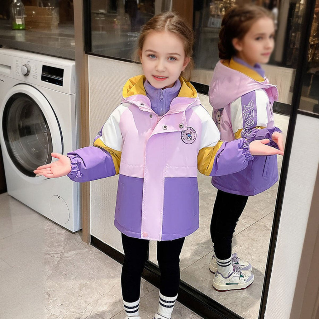 Girls Purple Colorblocked Hooded Printed Jacket Coats & Jackets Purple 1-2 Y