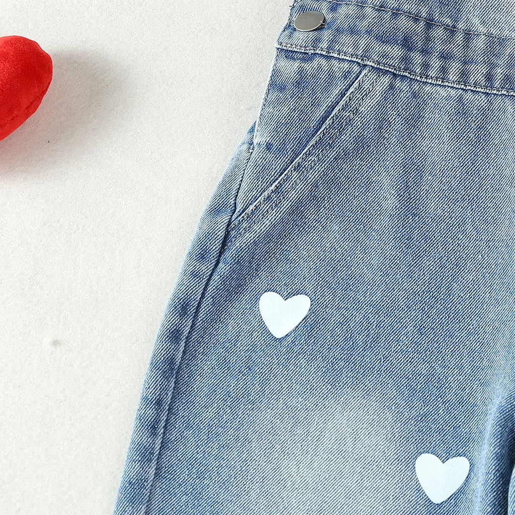 Girls Blue Heart Print Denim Dungaree Jumpsuits   