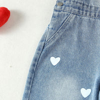 Girls Blue Heart Print Denim Dungaree Jumpsuits   