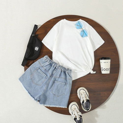 Boys White Graphic Print Shorts Sleeves T-shirt with Mildly Distress Shorts Set Sets   