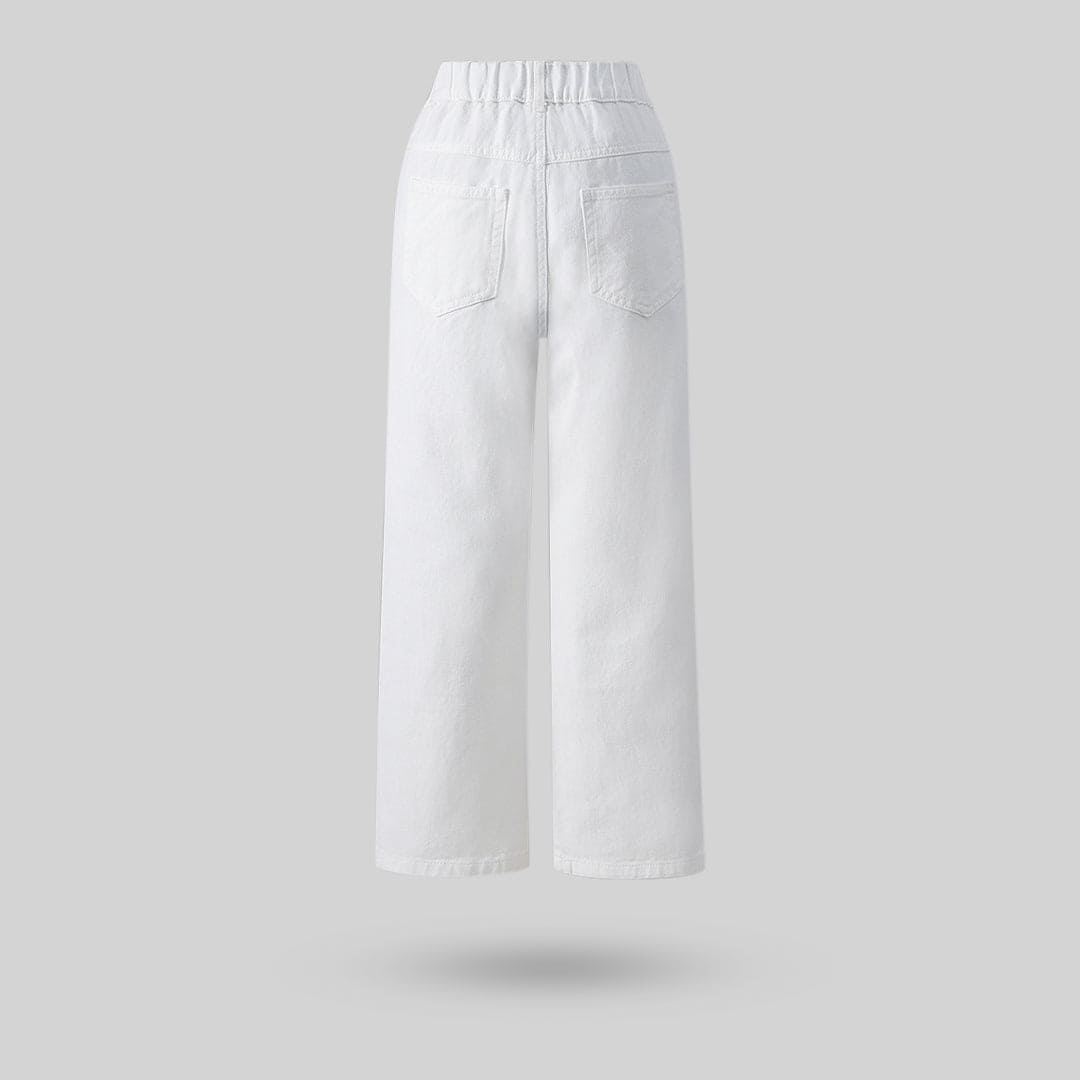 Girls White Heart Print Straight Fit Regular Pants Pants   