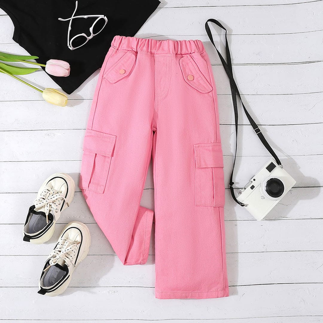 Girls Pink Solid Cargo Pants Pants Pink 4-5 Y 