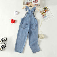 Girls Blue Heart Print Denim Dungaree Jumpsuits   