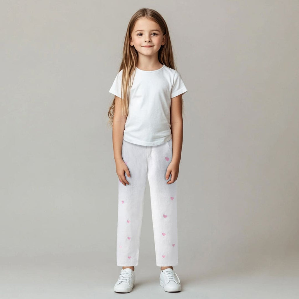 Girls White Heart Print Straight Fit Regular Pants Pants White 8-9 Y 