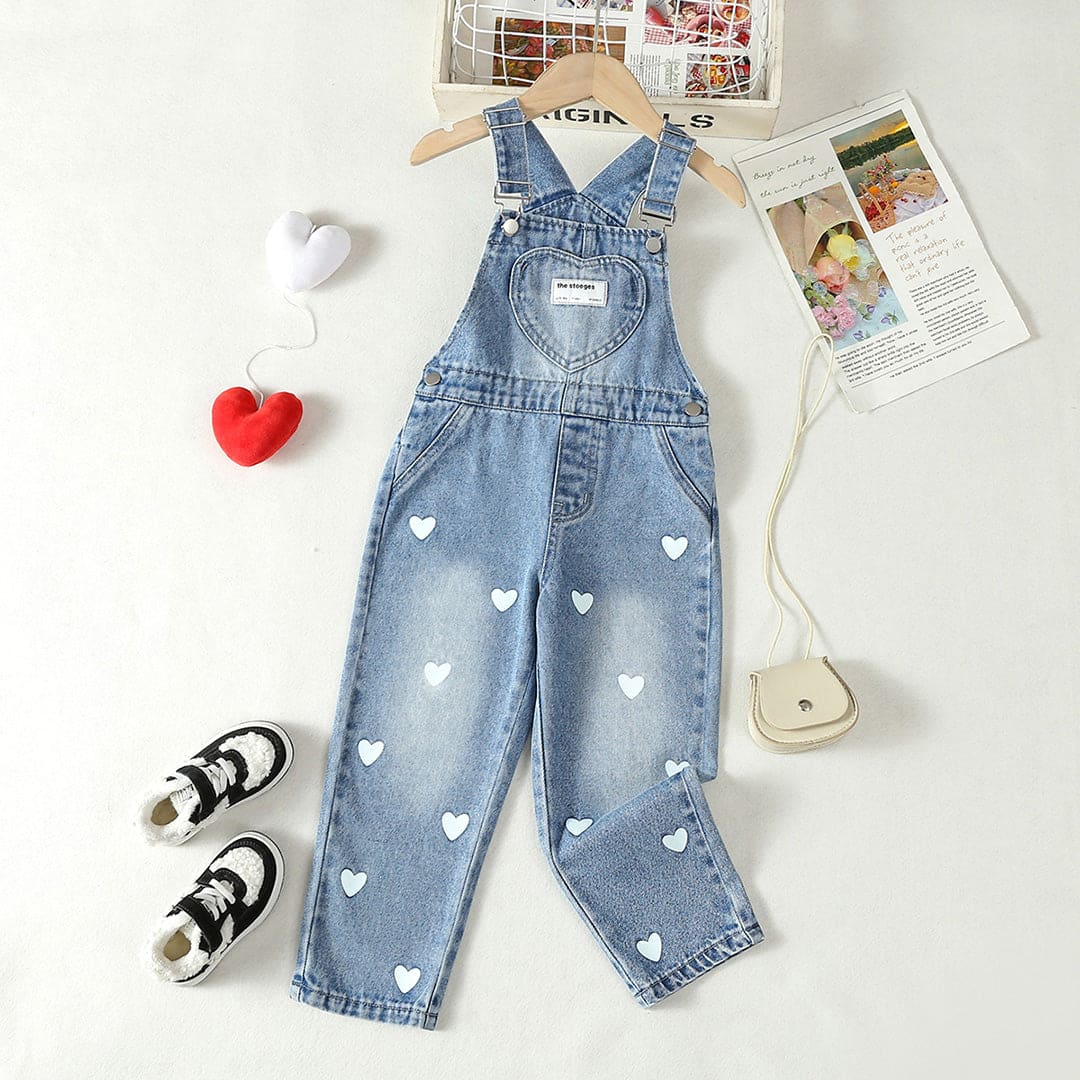 Girls Blue Heart Print Denim Dungaree Jumpsuits Blue 4-5 Y 