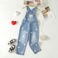 Girls Blue Heart Print Denim Dungaree Jumpsuits Blue 4-5 Y 