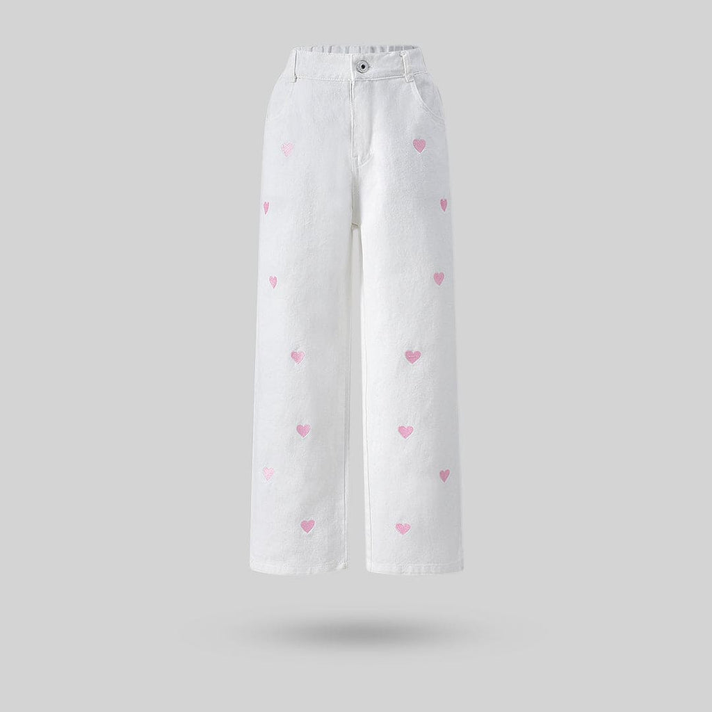 Girls White Heart Print Straight Fit Regular Pants Pants   