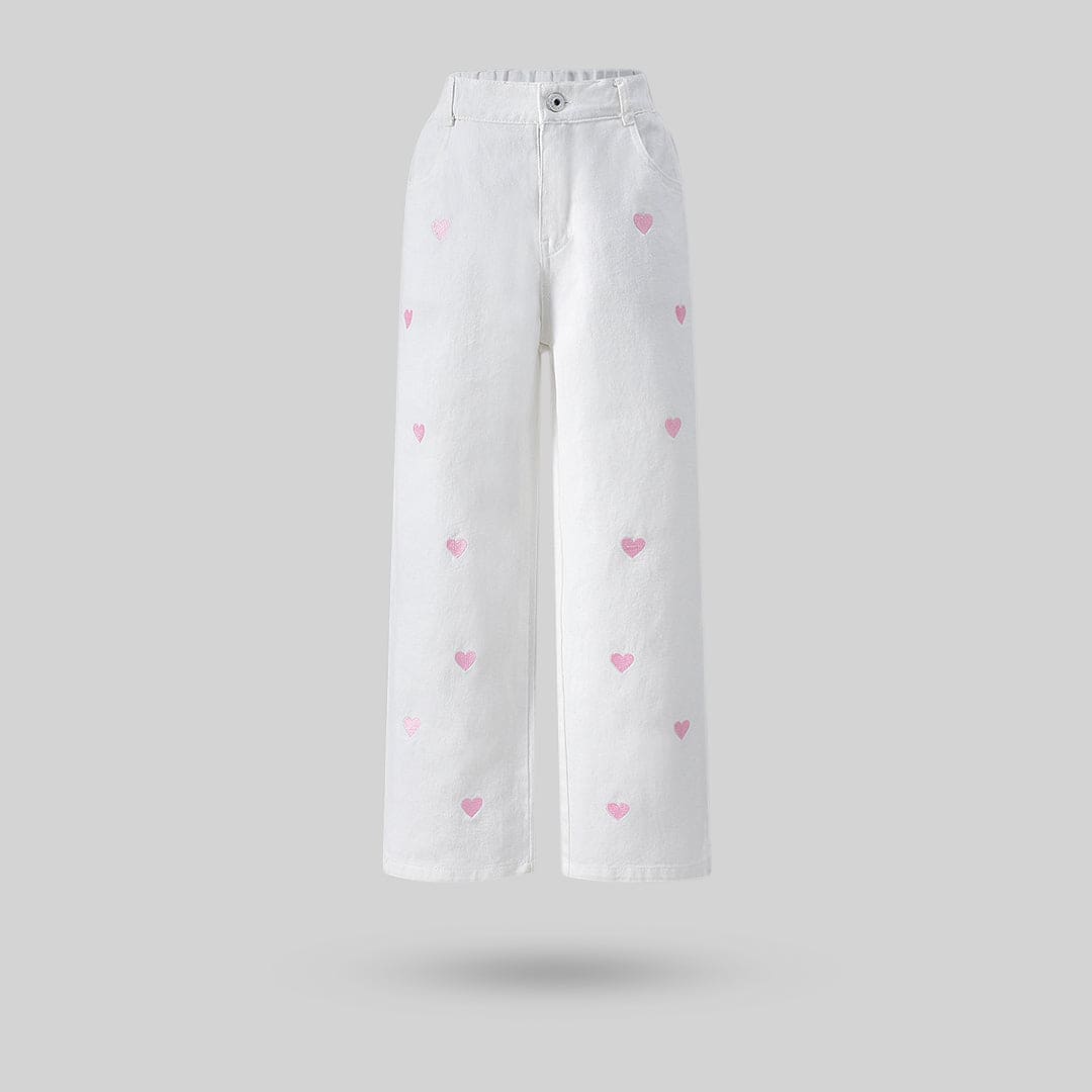 Girls White Heart Print Straight Fit Regular Pants Pants   