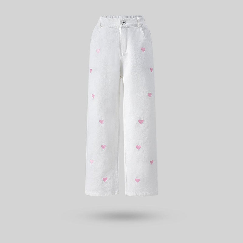 Girls White Heart Print Straight Fit Regular Pants Pants   
