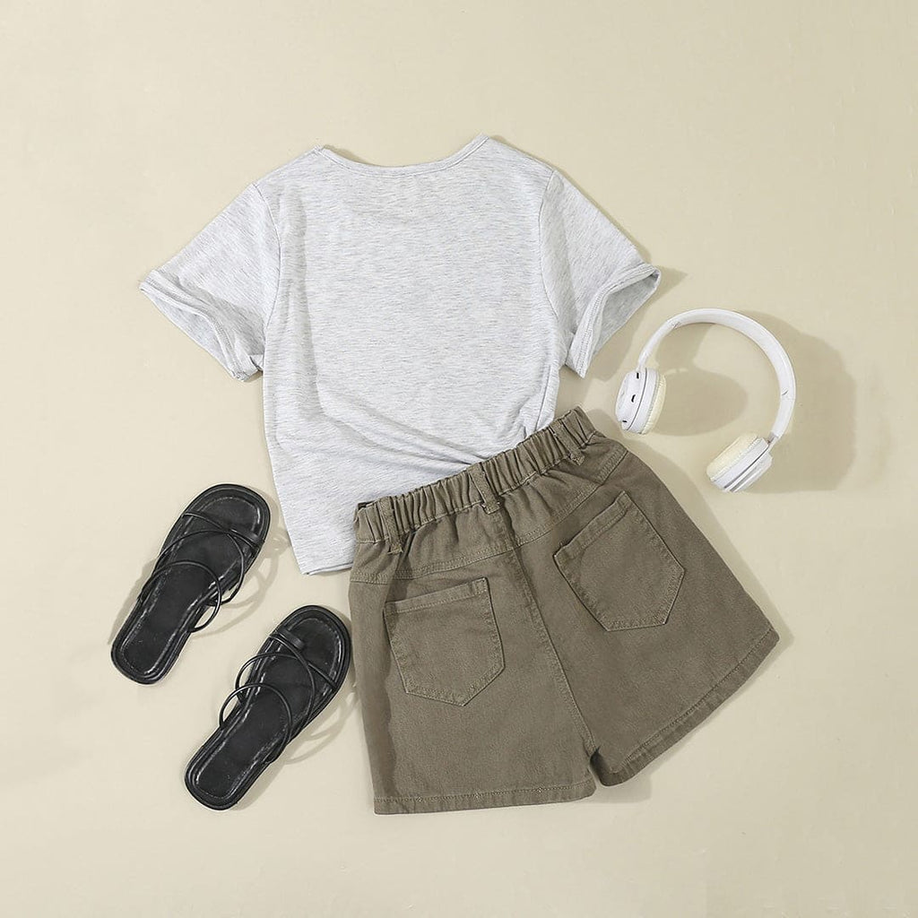 Girls Grey Short Sleeves T-shirt with Shorts Set Sets   