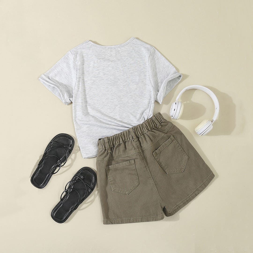 Girls Grey Short Sleeves T-shirt with Shorts Set Sets   