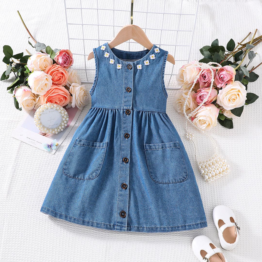 Girls Blue Sleeveless Fit & Flare Denim Dress Casual Dresses Blue 4-5 Y 