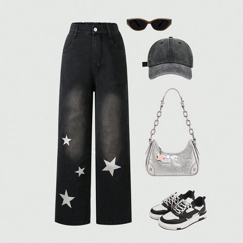 Girls Black Solid Straight Fit Denim Jeans   