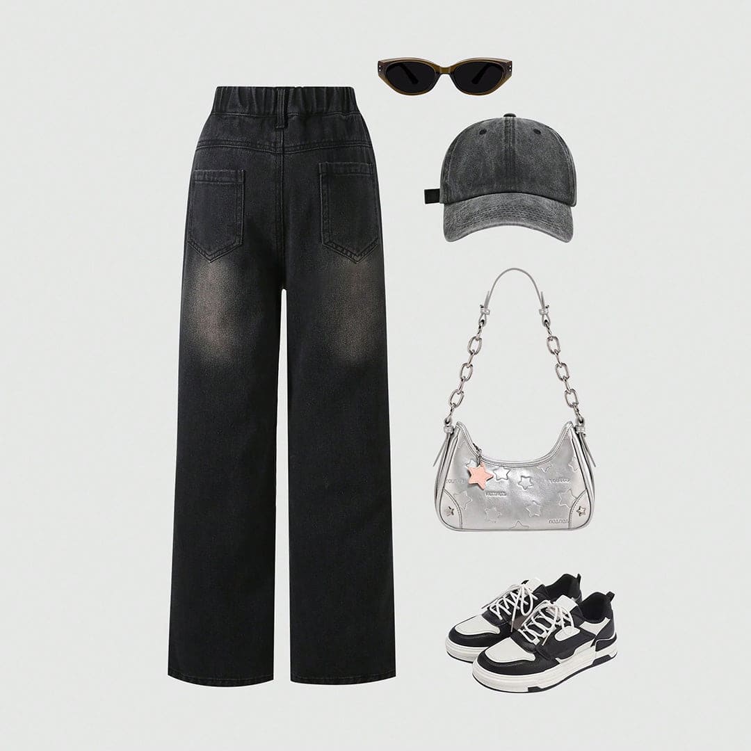 Girls Black Solid Straight Fit Denim Jeans   