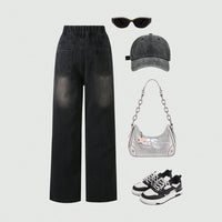 Girls Black Solid Straight Fit Denim Jeans   