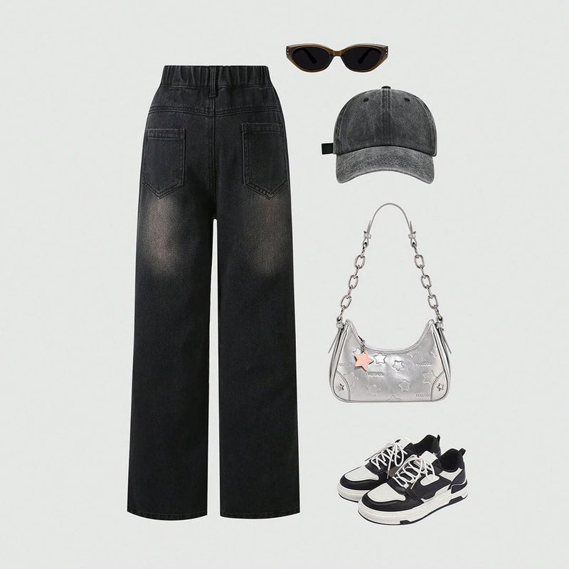 Girls Black Solid Straight Fit Denim Jeans   
