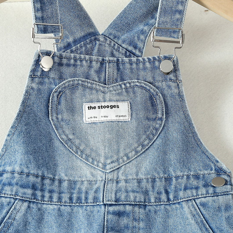 Girls Blue Heart Print Denim Dungaree Jumpsuits   