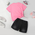 Girls Pink Graphic Print Short Sleeves T-shirt with Short Set Sets Pink 8-9 Y 