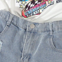 Boys White Graphic Print Shorts Sleeves T-shirt with Mildly Distress Shorts Set Sets   