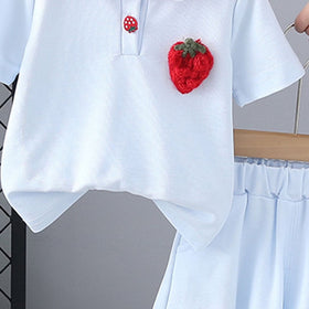Girls Blue Strawberry Embroidered Short Sleeves T-shirt with Skirt Set Sets