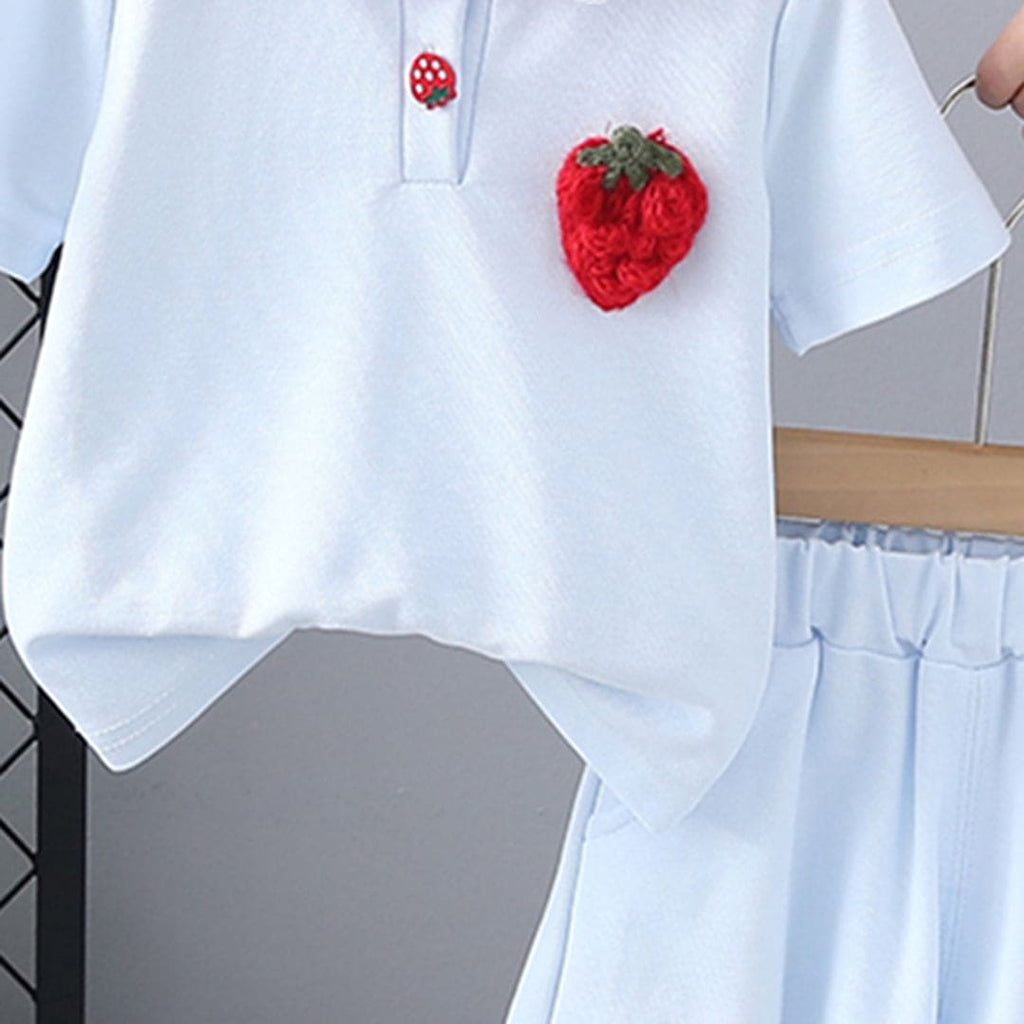 Girls Blue Strawberry Embroidered Short Sleeves T-shirt with Skirt Set Sets