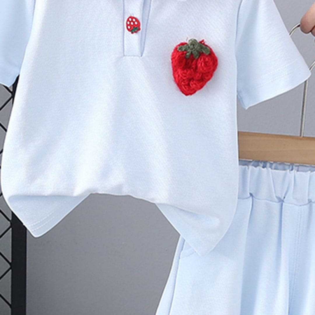 Girls Blue Strawberry Embroidered Short Sleeves T-shirt with Skirt Set Sets