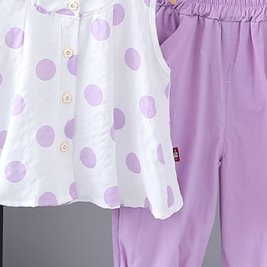 Girls Purple Polka Dot Print Sleeveless Top with Pants Set Sets