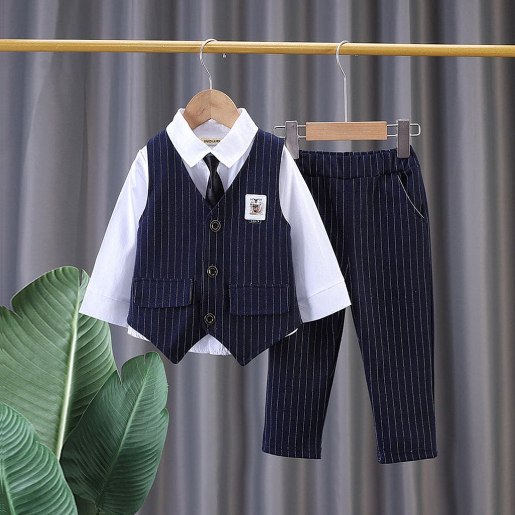 Boys Blue Striped Navy Blue Party Wear 3Pc Set Sets Blue 1-2 Y