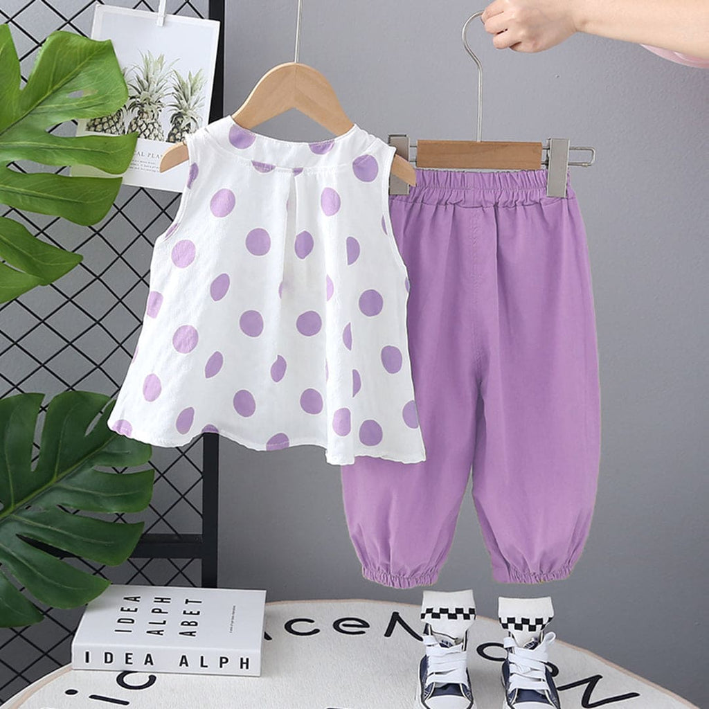 Girls Purple Polka Dot Print Sleeveless Top with Pants Set Sets Purple 1-2 Y