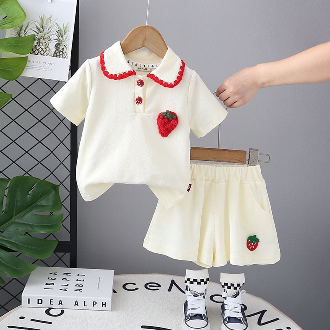 Girls Beige Strawberry Embroidered Short Sleeves T-shirt with Skirt Set Sets Beige 1-2 Y