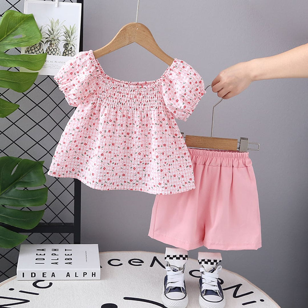 Girls Pink Printed Puff Sleeves Top with Shorts Set Sets Pink 1-2 Y