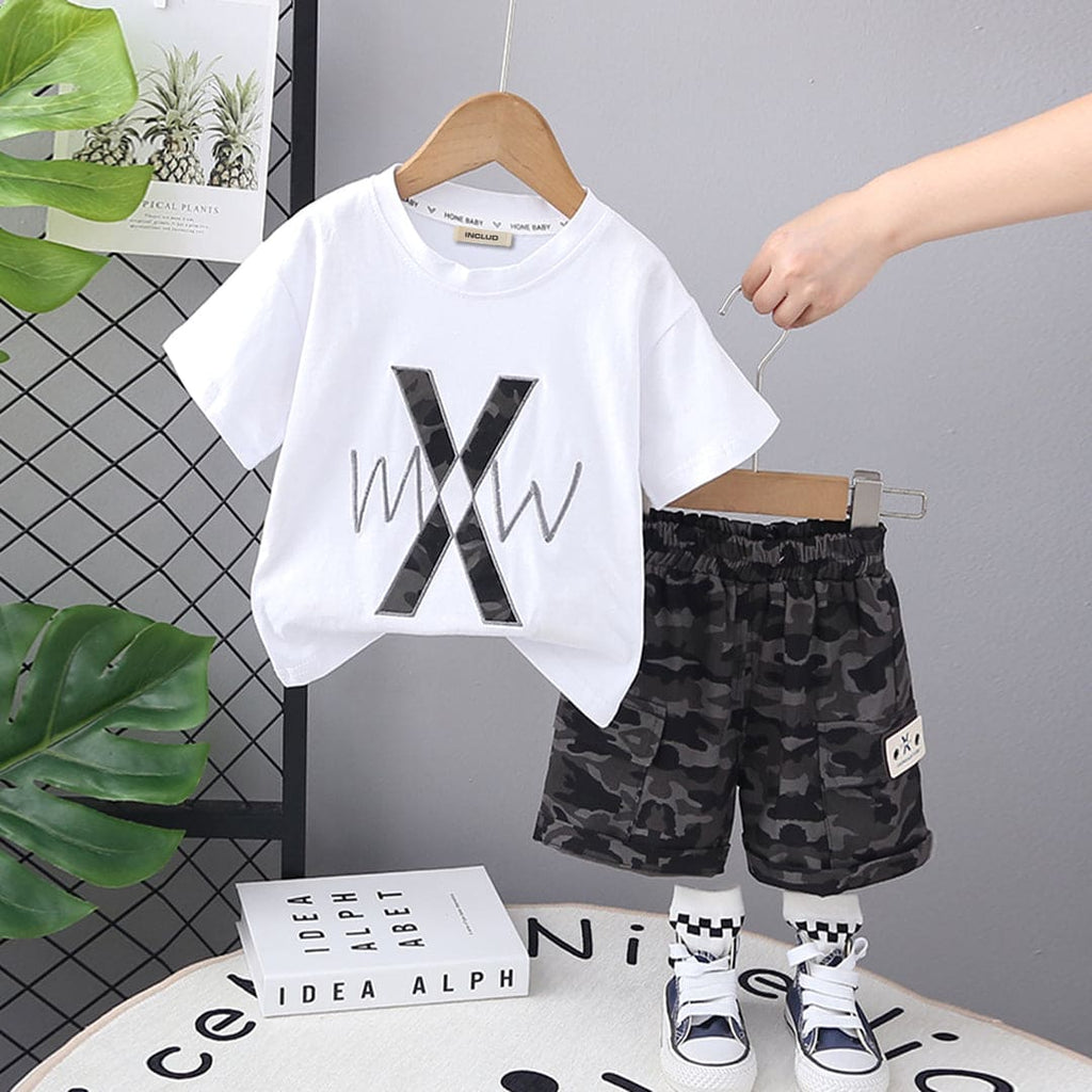 Boys White Shorts Sleeves T-shirt with Camouflage Printed Shorts Set Sets White 1-2 Y