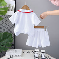 Girls Blue Strawberry Embroidered Short Sleeves T-shirt with Skirt Set Sets