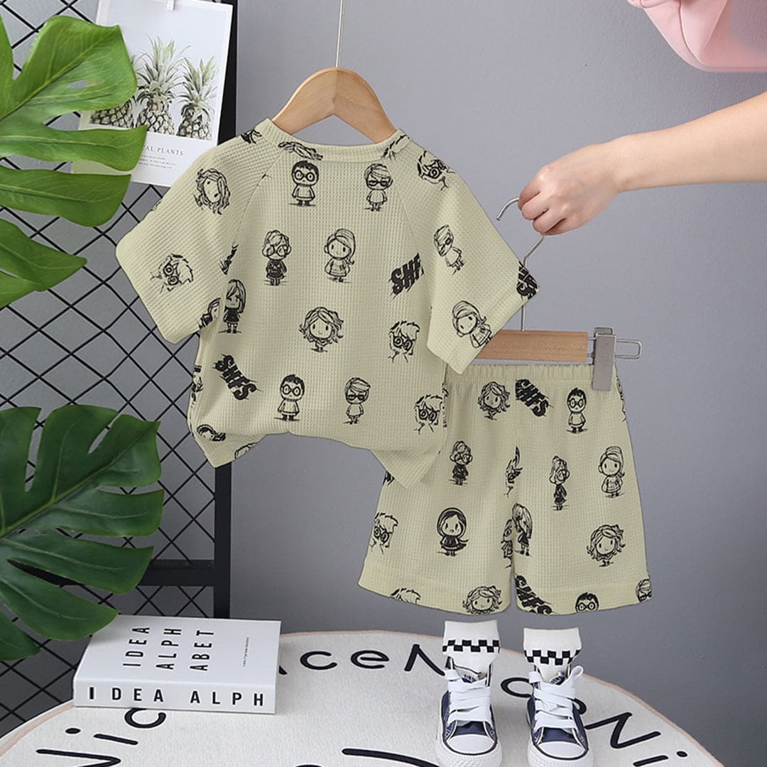 Boys Green Cartoon Printed Short Sleeves T-shirt with Shorts Set Sets