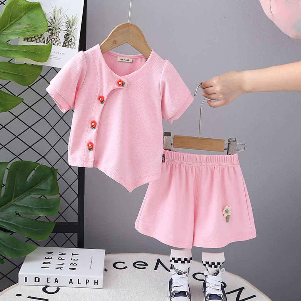 Girls Pink Short Sleeves Top with Shorts Set Sets Pink 1-2 Y