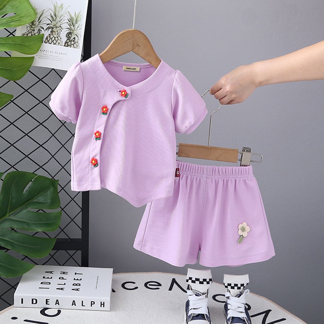 Girls Purple Short Sleeves Top with Shorts Set Sets Purple 1-2 Y