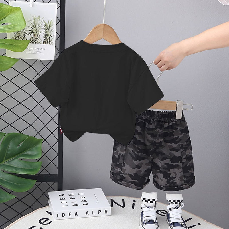 Boys Black T-shirt With Camouflage Print Shorts Set Sets