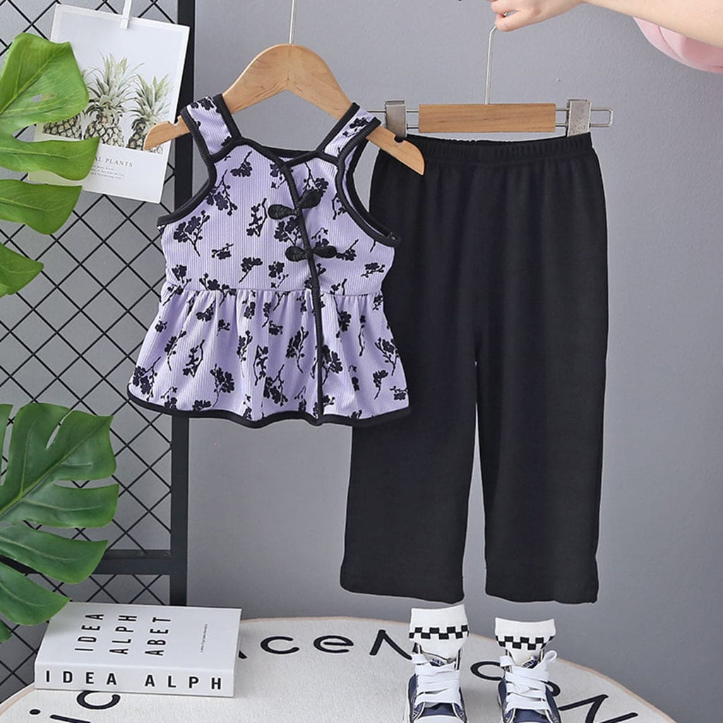 Girls Purple Floral Print Strappy Top with Pants Set Sets Purple 1-2 Y